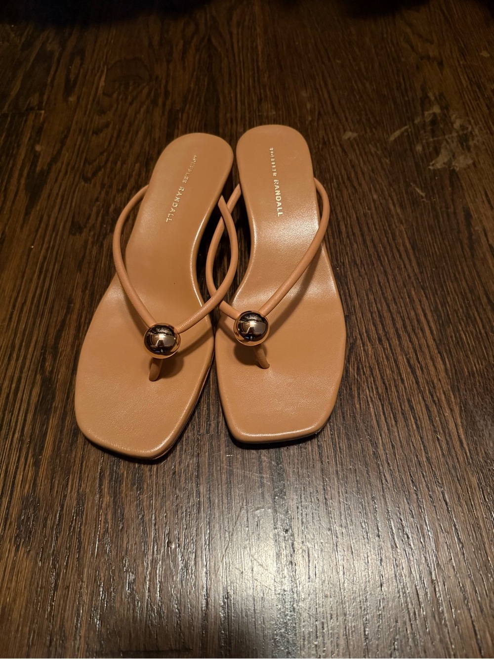 Loeffler Randall Nude/Tan Square-Toe Thong Sandals with Gold Accent